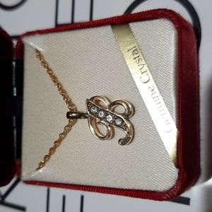 "B" Charm, Gold Tone Necklace, With Genuine Rinestones